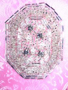 FS183 Silver Pearl Beaded Rhinestone Applique 2.5"