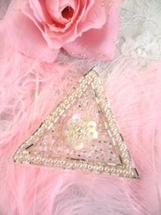 FSV189 Silver Pearl Triangle Sequin Beaded Applique 2.75"