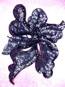FS2039 Large Floral Black Beaded Gunmetal Sequin Flower Applique 8.5"