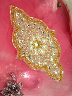 FS21 Gold Silver Pearl Beaded Rhinestone Applique 5.5"