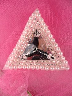 FS2373A Rhinestone Silver Pearl Triangle Beaded Applique 1.75"