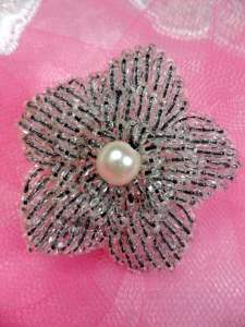 FS2442 Crystal Floral Beaded Black Pearl Applique 1.5"