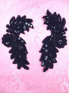 FS2644 Black Appliques Venice Lace Floral Beaded Mirror Pair 4"