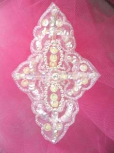 FSV293 Crystal AB White Pearl Sequin Beaded Applique 4.75"