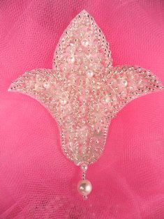 FS294 Silver Crystal AB Pearl Beaded Sequin Applique 3.75"