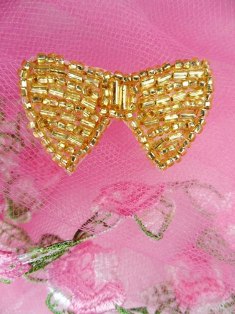 FS346A Gold Bow Beaded Applique 1.5"