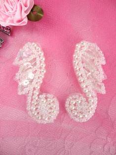 AFS4439 Crystal AB Leaf and Pearl Vine Mirror Pair Sequin Beaded Appliques 1 3/4"