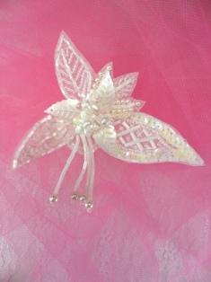 FS457 White AB Leaf Dangle Beaded Sequin Applique 3"