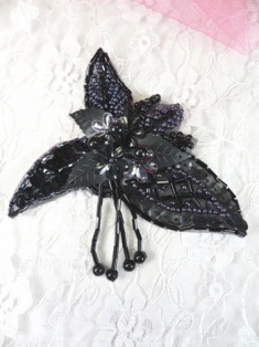 FS457 Black & Gunmetal Leaf Dangle Beaded Sequin Applique 3"