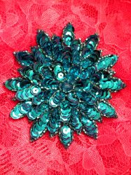 FS474 Turquoise Floral Beaded Sequin Applique 3"