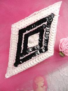 FS475L Black White Diamond Beaded Sequin Applique 5"