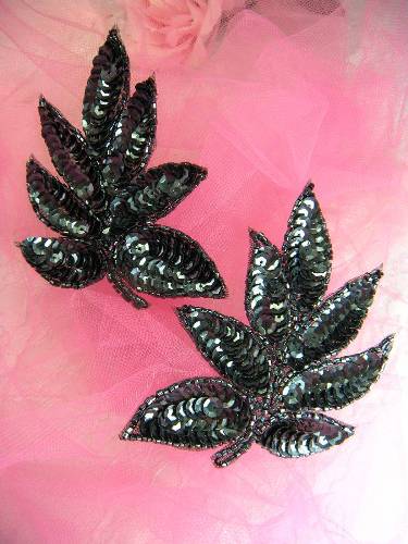 FS476L Gunmetal Leaf Mirror Pair Beaded Sequin Appliques 4"