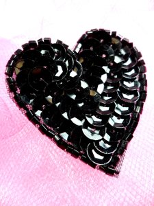 FS510 Black Valentine Heart Sequin Beaded Applique 1.5"
