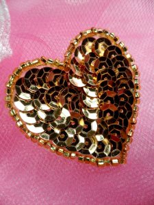 FS510 Gold Valentine Heart Sequin Beaded Applique 1.5"