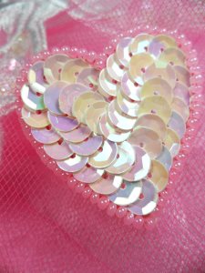 FS510 Pink AB Valentine Heart Sequin Beaded Applique 1.5"