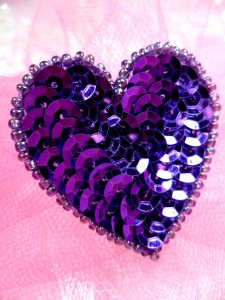 FS510 Purple Valentine Heart Sequin Beaded Applique 1.5"