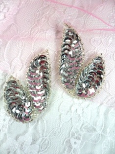 FS549  Silver Mirror Pair Beaded Sequin Appliques 2"