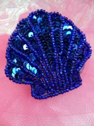 FS604 Seashell Ocean Blue Applique Sequin Beaded Nautical Patch 2"