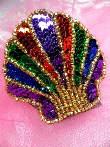 FS604 Seashell Ocean Multi Applique Sequin Beaded Nautical Patch 2"