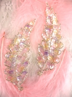 FS760  Crystal Ab Silver Leaf Mirror Pair Beaded Sequin Appliques 4"