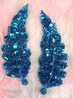 FS760  Turquoise Leaf Mirror Pair Beaded Sequin Appliques 4"