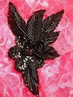 FS952BL Black Flower Beaded Sequin Applique 6"