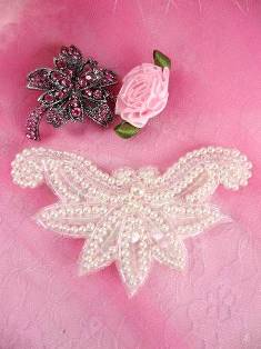 AFSV183 Crystal AB White Pearl Beaded Sequin Applique 3.75"