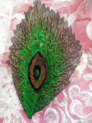GB103 Embroidery Applique Green Feather Gold Sequined Patch 4"