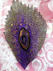 GB103 Embroidery Applique Purple Feather Gold Sequined Patch 4"