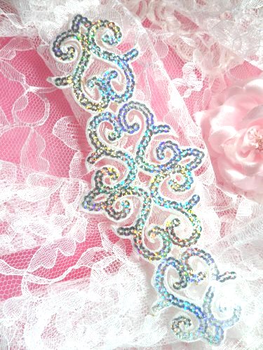 GB104 Silver White Holographic Sequin Applique Iron On Patch 8.5"