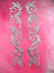 OSGB110 Embroidered Applique LEFT SIDE Silver Leaf Scroll Metallic Iron On Patch 7.75"