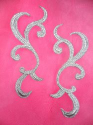 GB123 Embroidered Applique MIRROR PAIR Silver Scroll Metallic Iron On Patch 4"