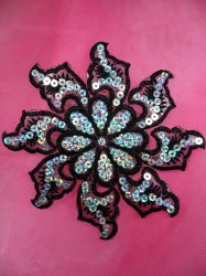GB119 Black Embroidered Flower Silver AB Sequin Applique 5.25"