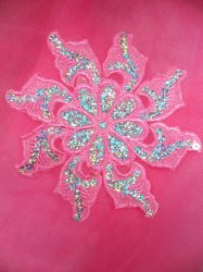 GB119 Pink Embroidered Flower Silver AB Sequin Applique 5.25"