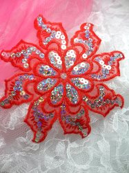 GB119 Red Embroidered Flower Silver AB Sequin Applique 5.25"