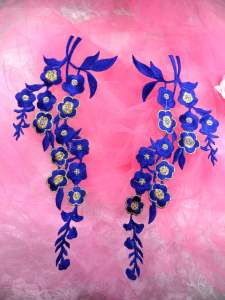 GB124X Blue Gold Embroidered Floral Mirror Pair Appliques 10"