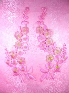 GB124 Pink Gold Embroidered Floral Mirror Pair Appliques 10"