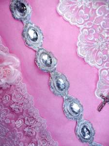 Remnant Silver Metallic Embroidered Crystal Jewel Trim Iron On RMGB143 11"