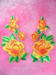 GB156 Yellow Orange Rose Mirror Pair Embroidered Appliques 6"