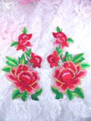 GB156 Red Gold Rose Mirror Pair Embroidered Appliques 6"