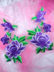 GB157 Large Purple Rose Mirror Pair Embroidered Appliques 9.5"