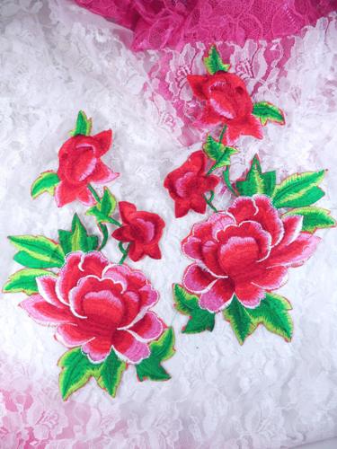 GB157 Large Red Rose Mirror Pair Embroidered Appliques 9.5"