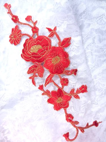GB158 Red Gold Metallic Rose Embroidered Applique Iron On Patch 10"
