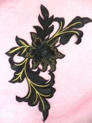 GB159 Floral Rose Black Gold Metallic Embroidered Flower Applique Iron On Patch 9"
