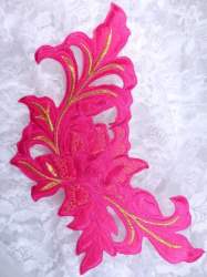 GB159 Floral Rose Fuchsia Gold Metallic Embroidered Flower Applique Iron On Patch 9"