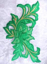 GB159 Floral Rose Green Gold Metallic Embroidered Flower Applique Iron On Patch 9"