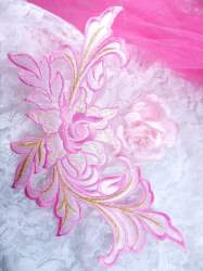 GB159 Floral Rose Pink Gold Metallic Embroidered Flower Applique Iron On Patch 9"