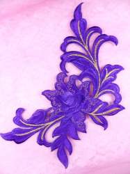 GB159 Floral Rose Purple Gold Metallic Embroidered Flower Applique Iron On Patch 9"