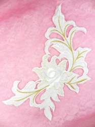 GB159 Floral Rose White Gold Metallic Embroidered Flower Applique Iron On Patch 9"