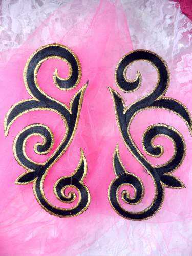 GB164 Black Gold Metallic Embroidered Scroll Mirror Pair Appliques Iron On Patch 7"